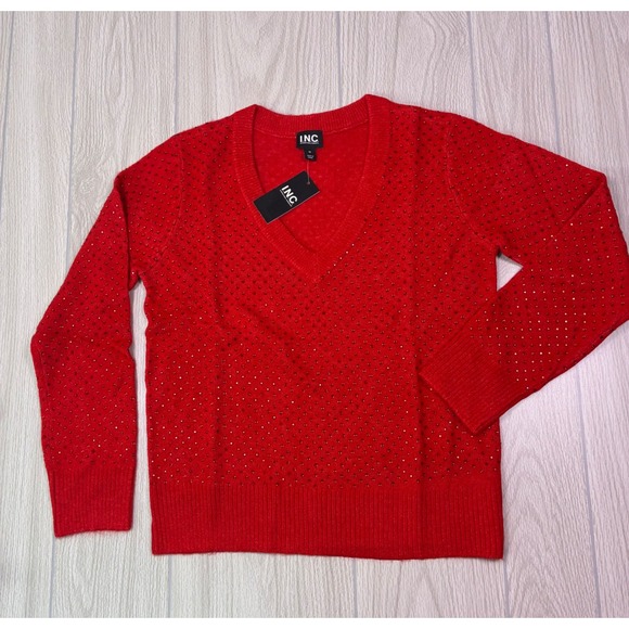INC International Concepts Sweaters - INC International Concepts Red Embellished V-Neck Wool Alpaca Sweater Medium NEW